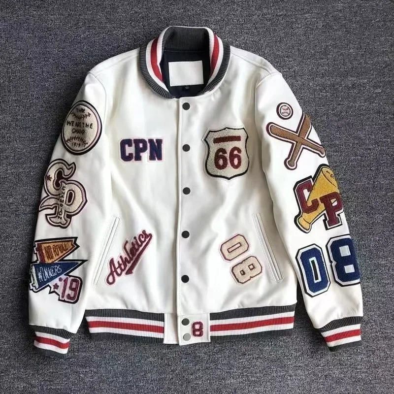Men's Embroidered Varsity Bomber Jacket — PU Leather Baseball Coat | Unisex Streetwear