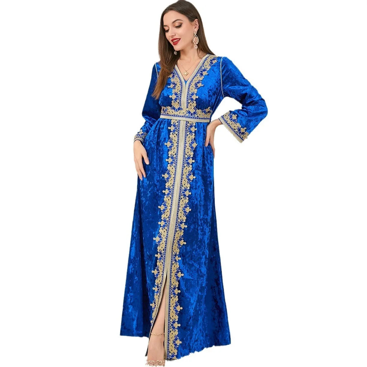 Robe en velours mode Dubaï en aval à manches longues fente Matutina-Chic