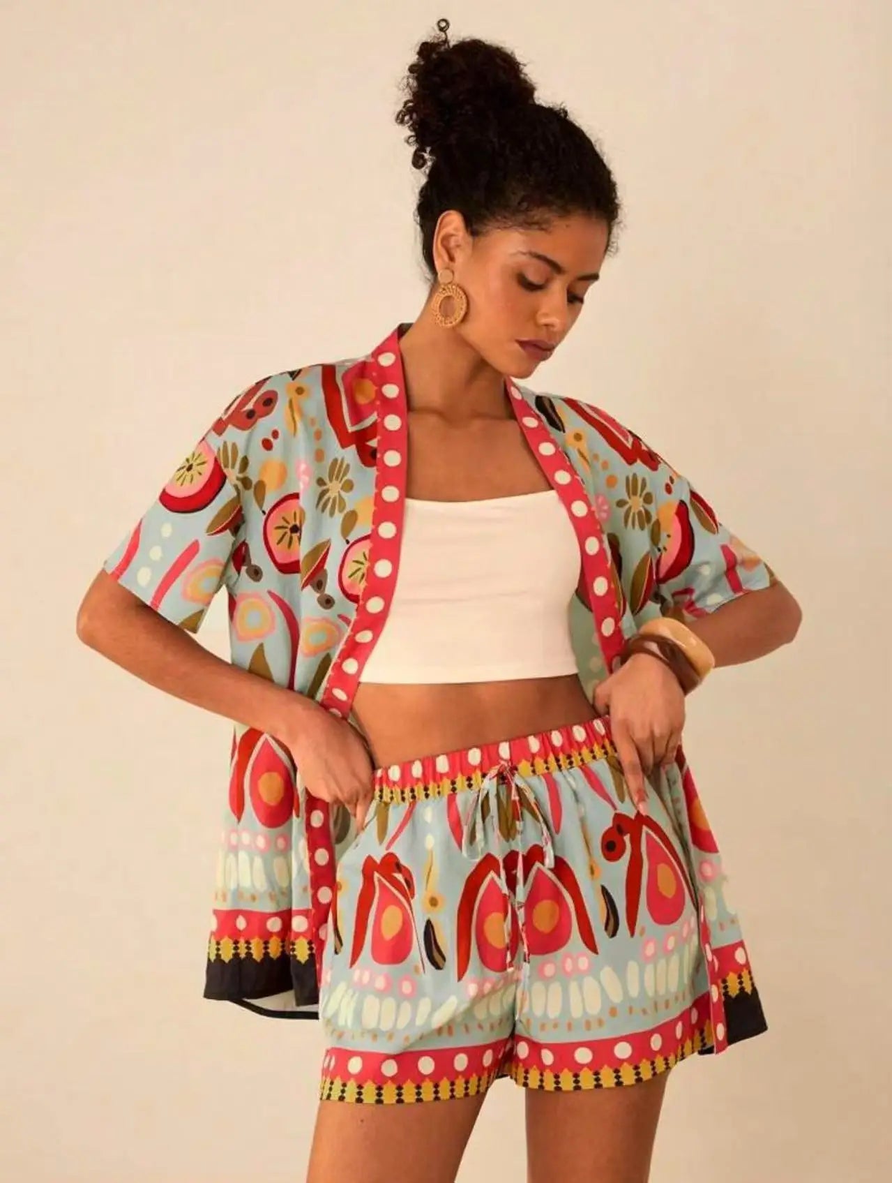 Casual Printed Cardigan Short-sleeved Top Shorts Two-piece Set LADYLYS