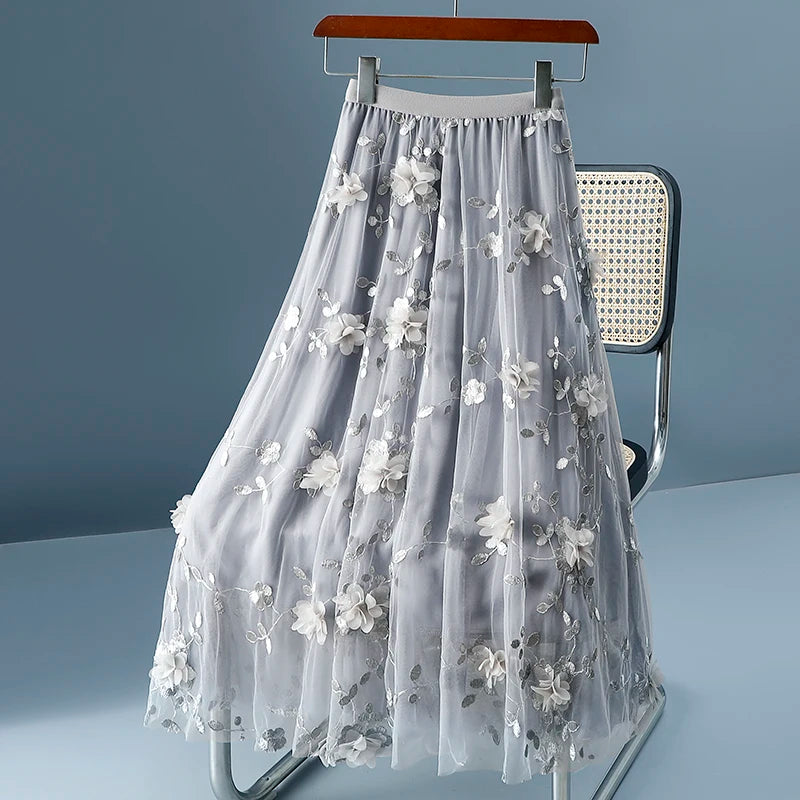 High Waist Slim Long Skirt High Quality Embroidery Sweet 3D Flowers Mesh Tulle LADYLYS