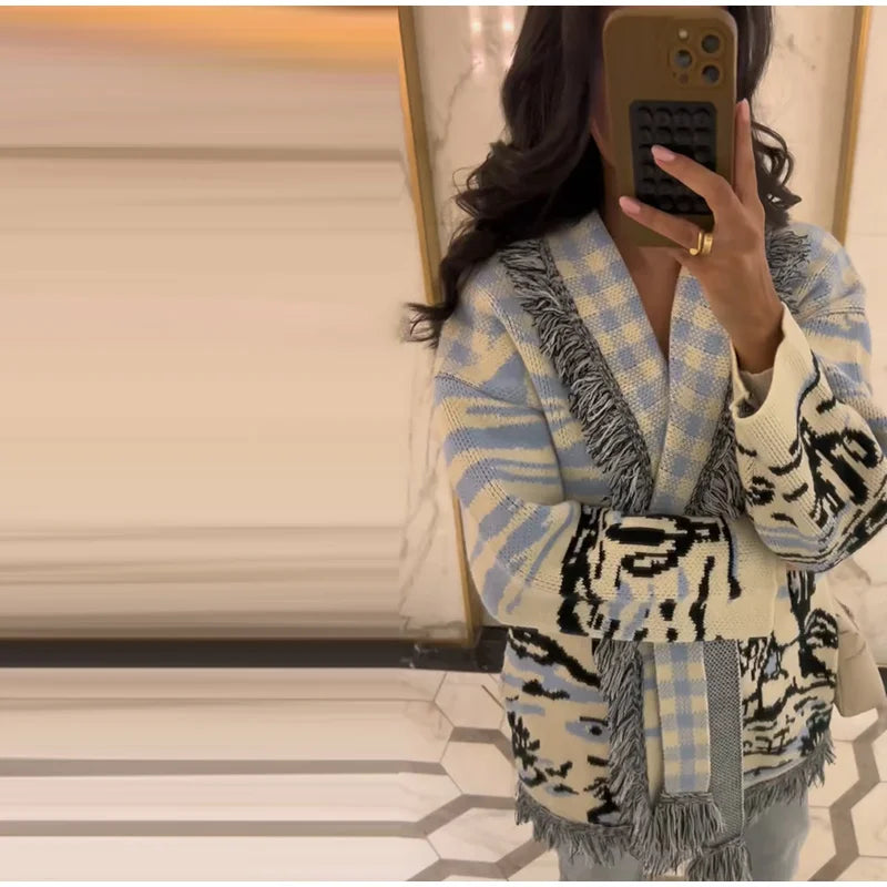 Women's Jacquard Knit Wrap Cardigan with Belt and Fringe Trim