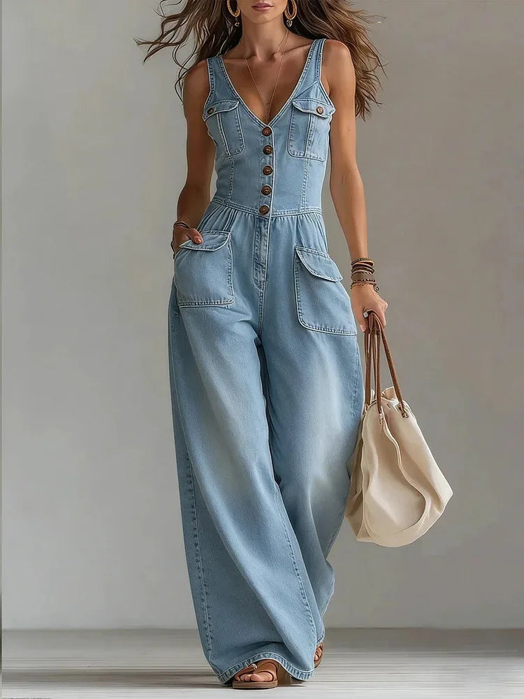 Sexy V Neck Button Denim Jumpsuit Elegant Solid High Waist Woman Romper 2026 Spring Summer Sleeveless Vacation Beach Overalls LADYLYS