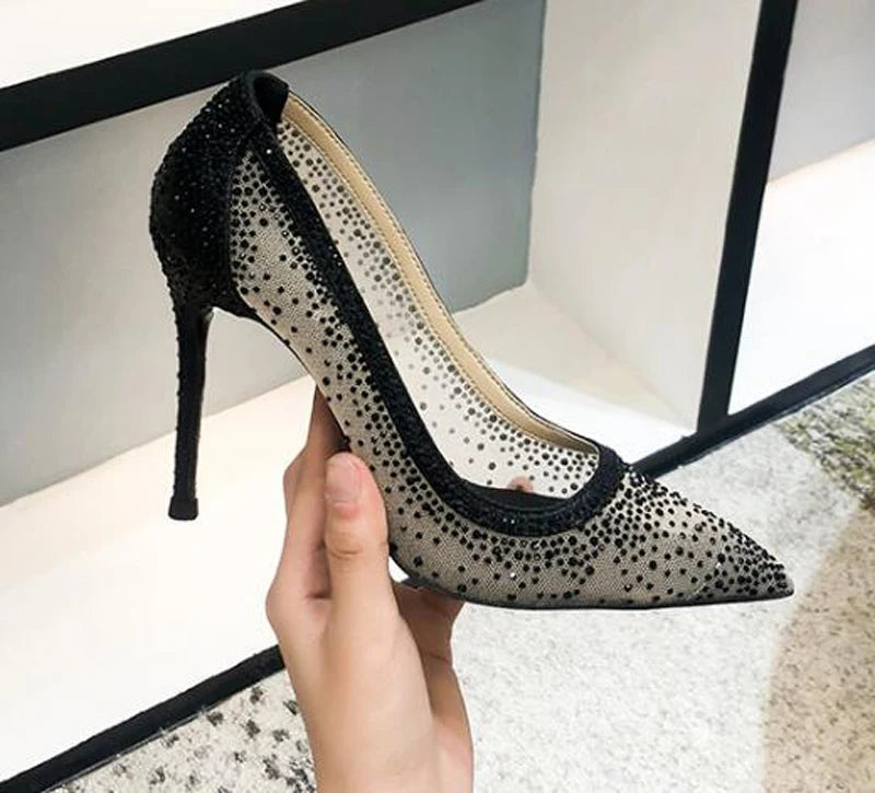 Women's Crystal Rhinestone Mesh Stiletto Pumps – Glitter Heels for Wedding & Party