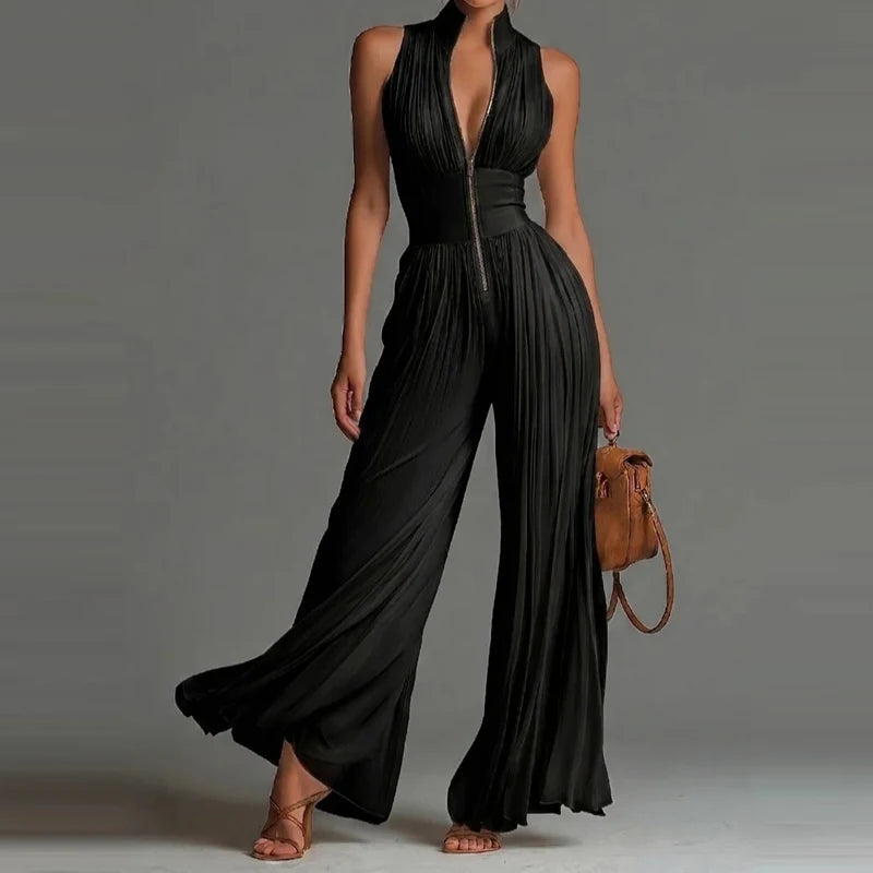 Elegant Lady Zipper Wide Leg Playsuits Stand Collar High Waist Pleat Jumpsuit LADYLYS