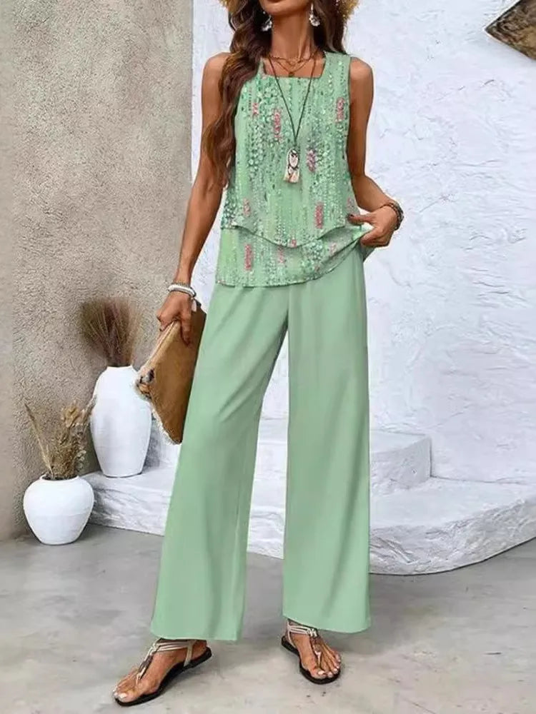 Summer Print Women Two Piece Set Fashion Top Sleevelss Elegant Suits LADYLYS