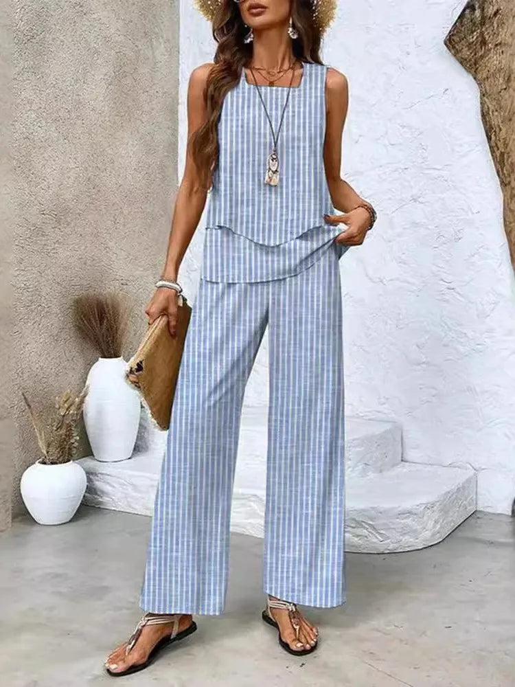 Summer Print Women Two Piece Set Fashion Top Sleevelss Elegant Suits LADYLYS