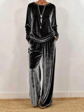 Women's Velvet Two-Piece Set – O-Neck Top & Wide-Leg Pants, Loose Fit, Office & Party