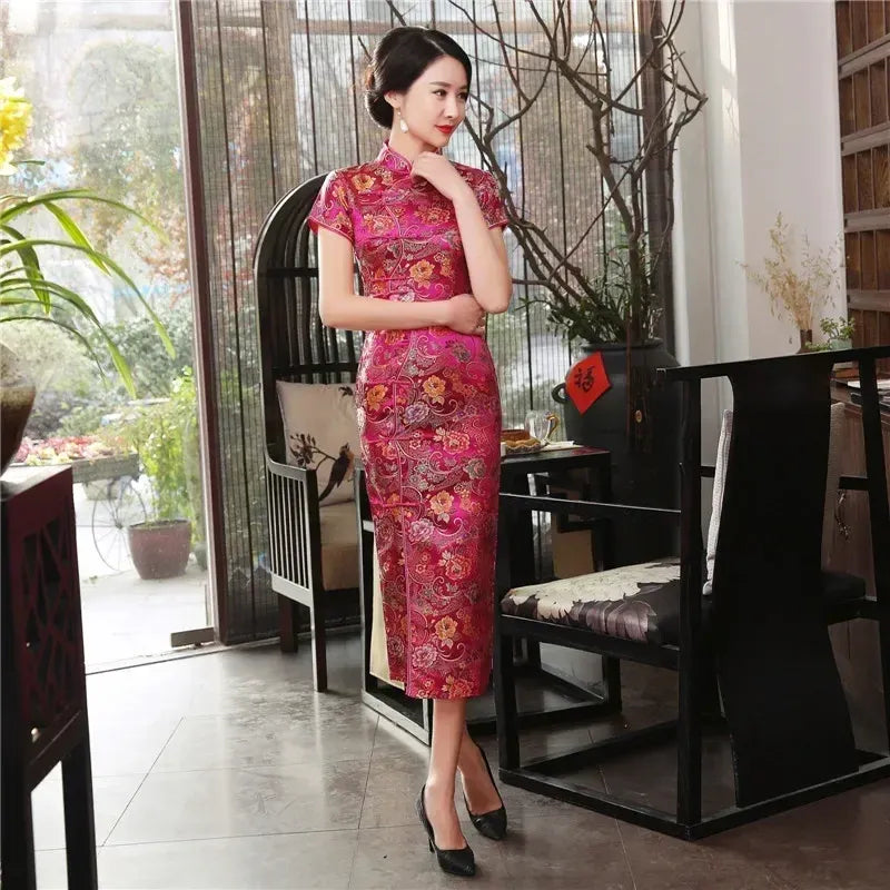 Printed Short-Sleeve Qipao-Inspired Midi Dress