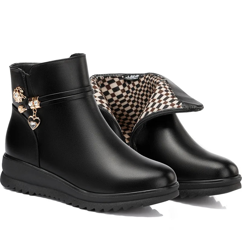 Women's Rhinestone Ankle Boots – Plush-Lined Zip-Up Low Heel Booties