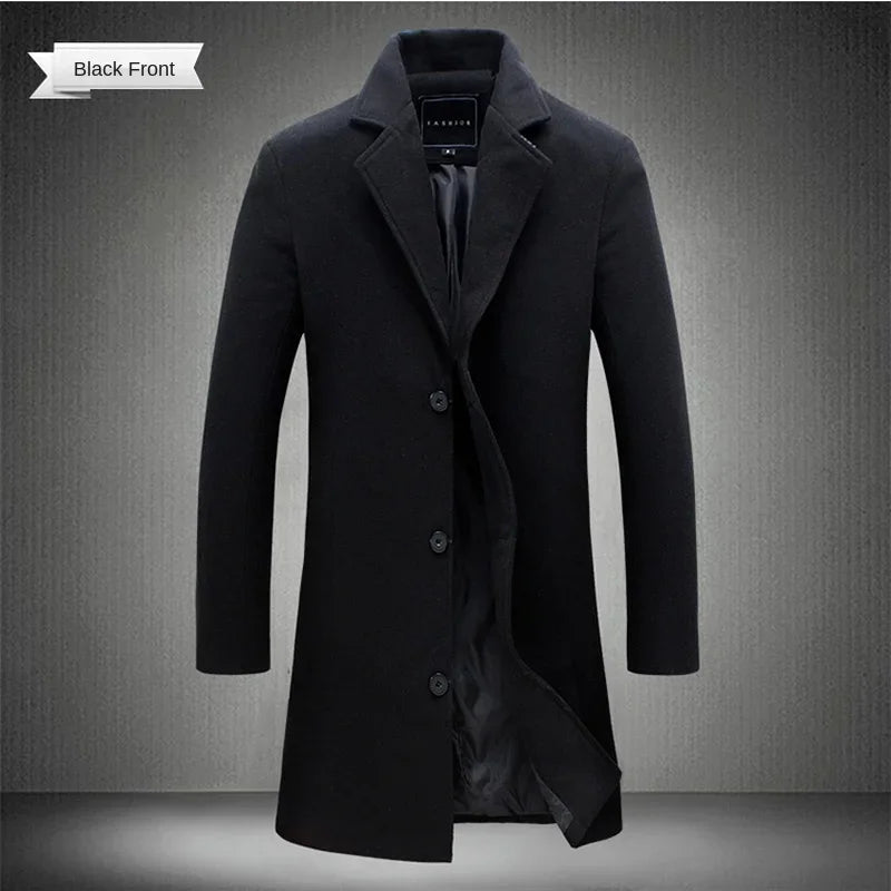 Long Cotton Coat New Wool Blend Pure Color Casual Business Fashion Men's Clothing LADYLYS