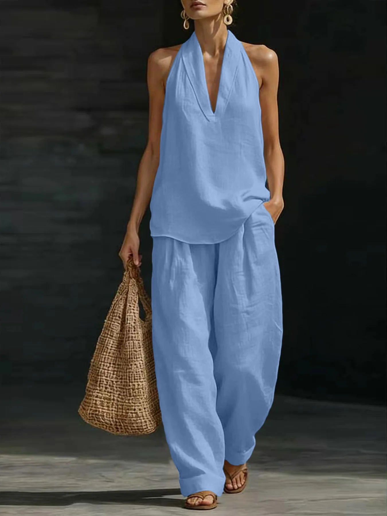 Women Linen 2 Piece Outfit Halter V Neck Sleeveless Tank Top Wide Leg Pants LADYLYS