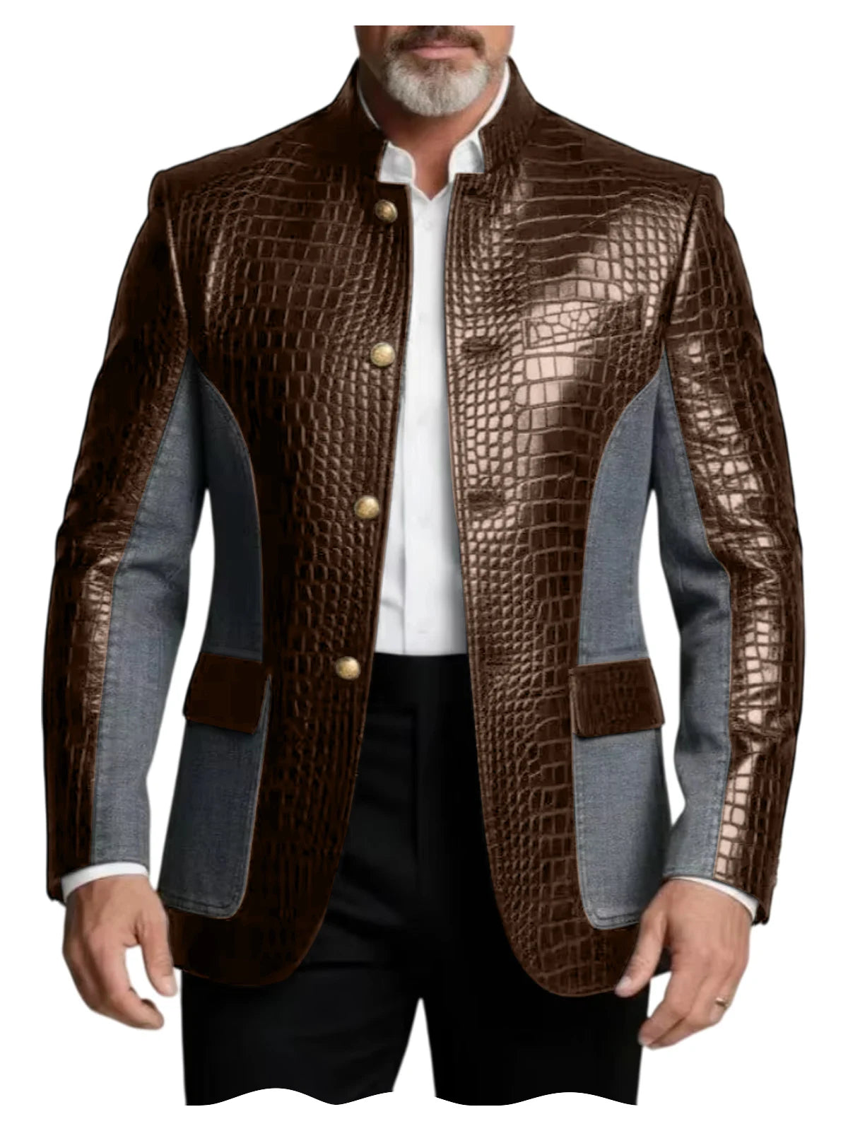Men's Crocodile Embossed Leather Brown Jacket Patchwork Denim Luxury PU LADYLYS