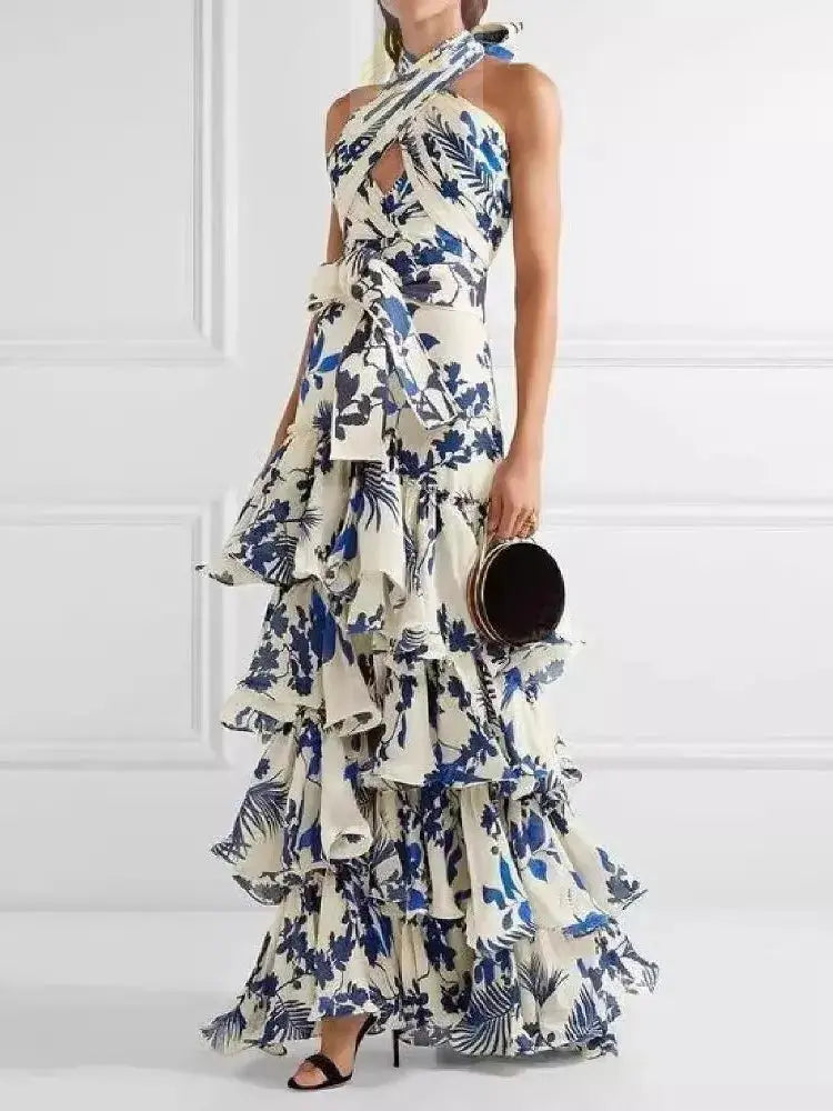 Elegant Womens Dress Floral Print Halter Neck Leace-up Off Shoulder LADYLYS