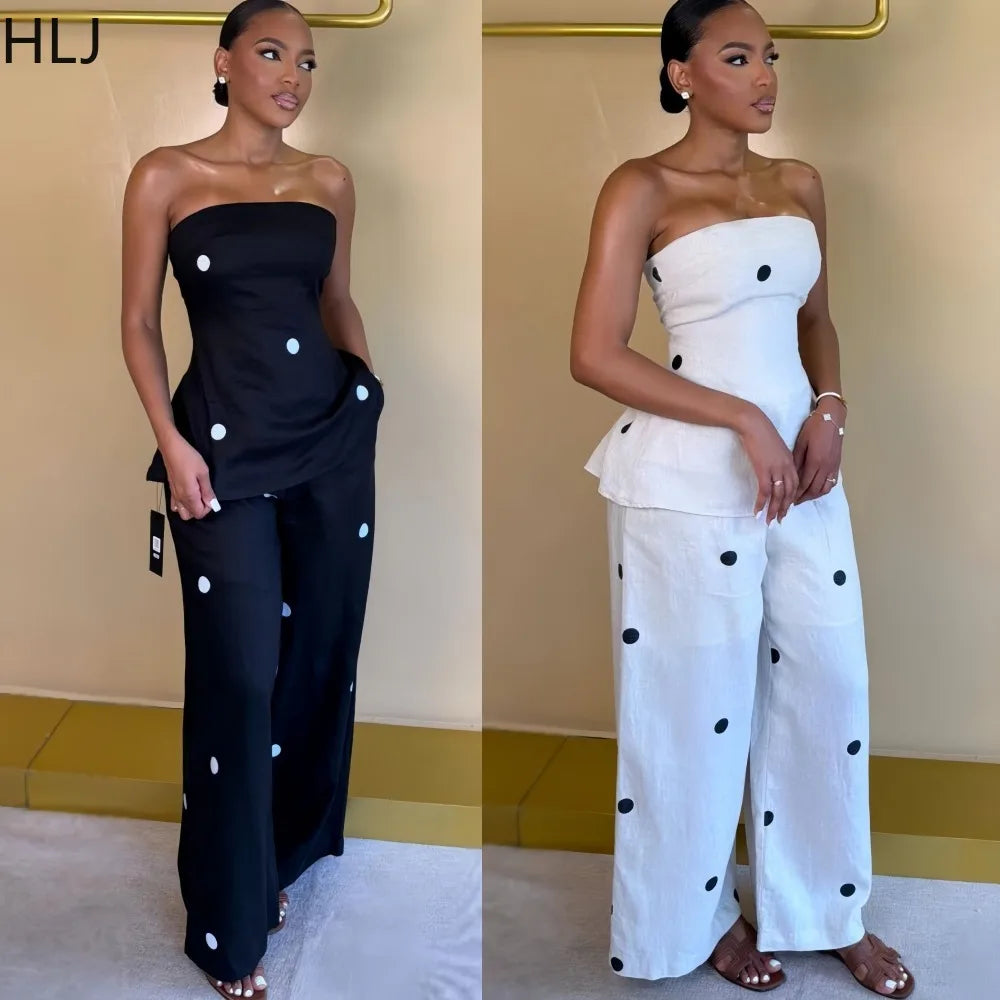 HLJ Women Polka Dot 2 Piece Outfits Elegant Bandeau Tube Top + High Waist Wide Leg Pants Set Summer Casual Streetwear Holidays LADYLYS