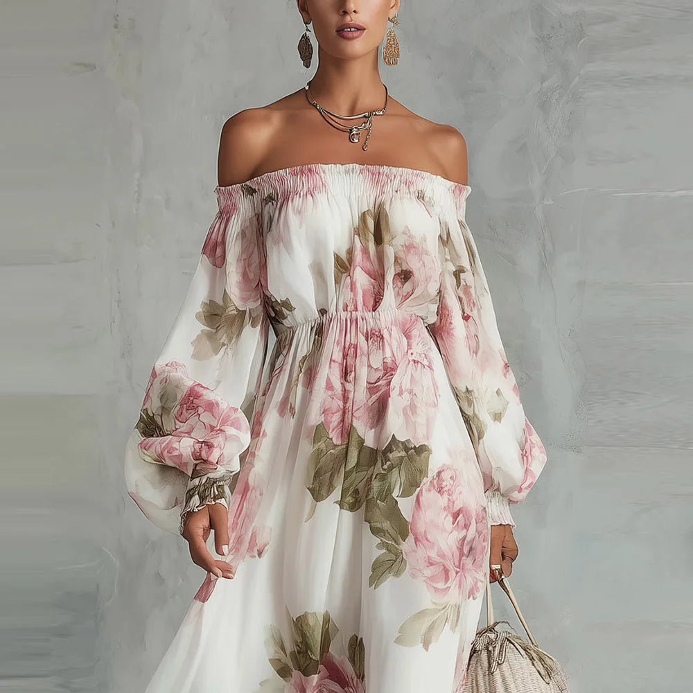 Women's Printed Slash-Neck Midi Dress