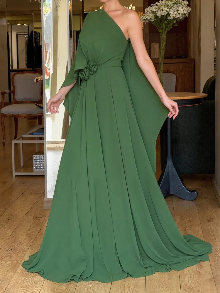 Women's Sexy Slant Shoulder Pleat Long Dress Fashion Flower Dimensional Solid Party Dress Casual Long One Shoulder Gowns Dress LADYLYS