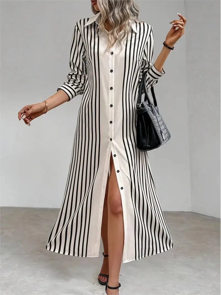 Striped Lapel Shirt Dress – Long Sleeve Button-Up Cardigan Style