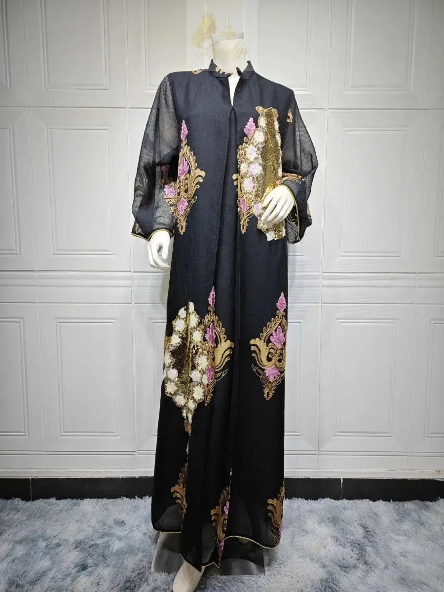 Morocco Dress for Women Muslim Abaya India Stand Collar Abayas Enbroidery Sequins LADYLYS