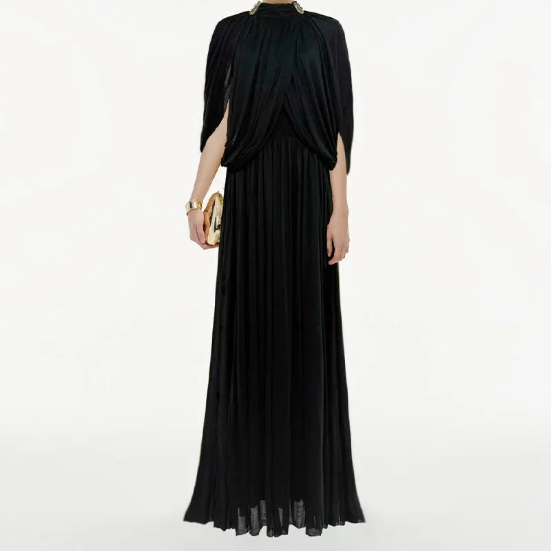 Chic Chiffon Pleated Maxi Dress Women Elegant Flutter Sleeve Turtleneck LADYLYS