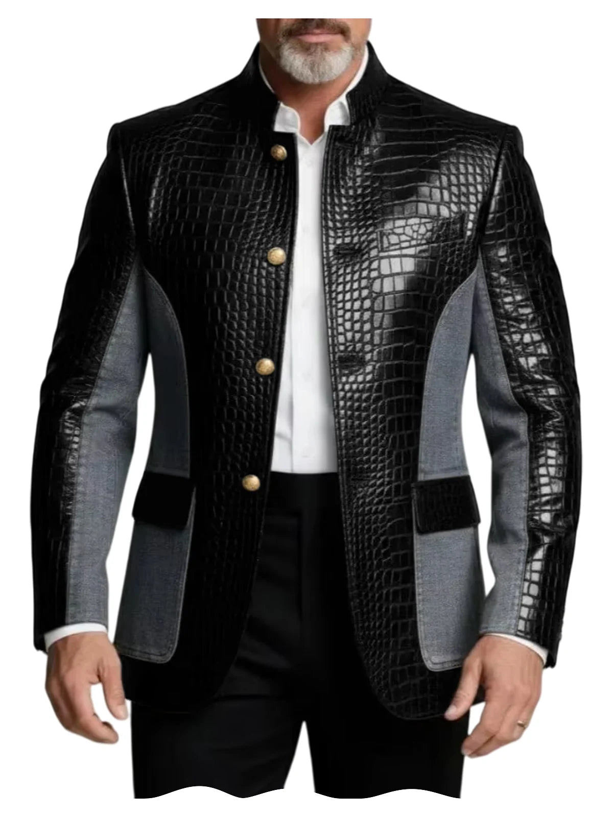 Men's Crocodile Embossed Leather Brown Jacket Patchwork Denim Luxury PU LADYLYS