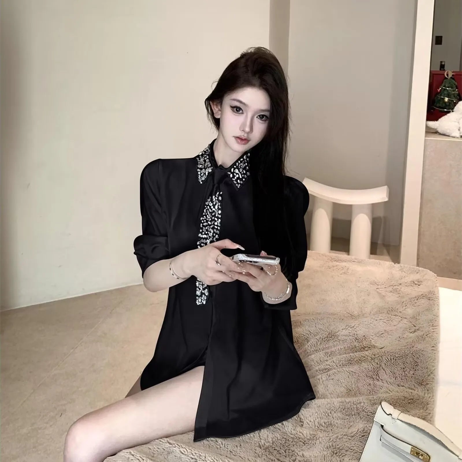 Shirt New Crystal Beading With Necktie Chiffon Blouses LADYLYS