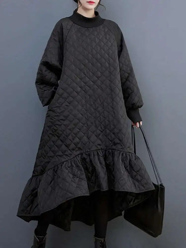 Women's Black Long Sleeve Fishtail Midi Dress with Round Neck