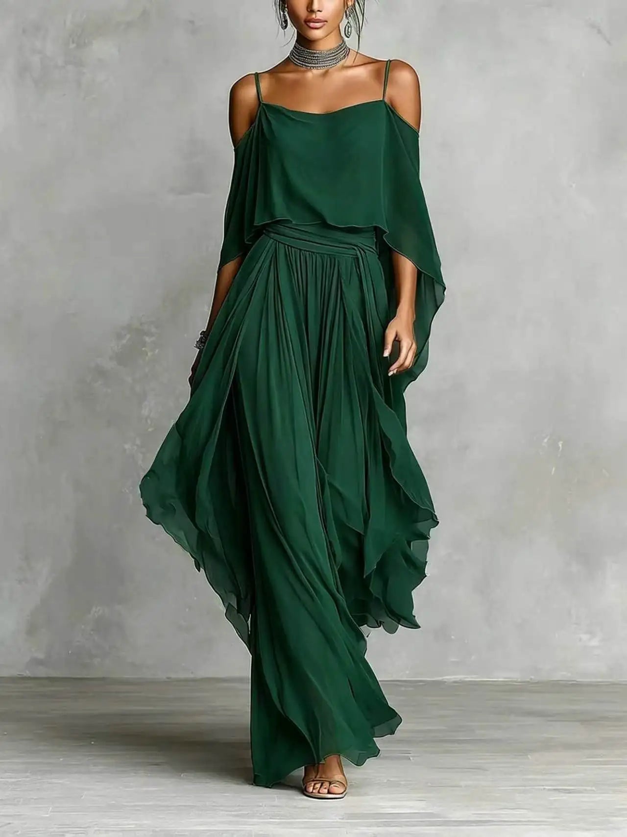 Summer Fashion Solid Chiffon Dress Elegant Off Shoulder Strap Bat Sleeve High Waist Long Dress Women Wedding Guest Outfits LADYLYS