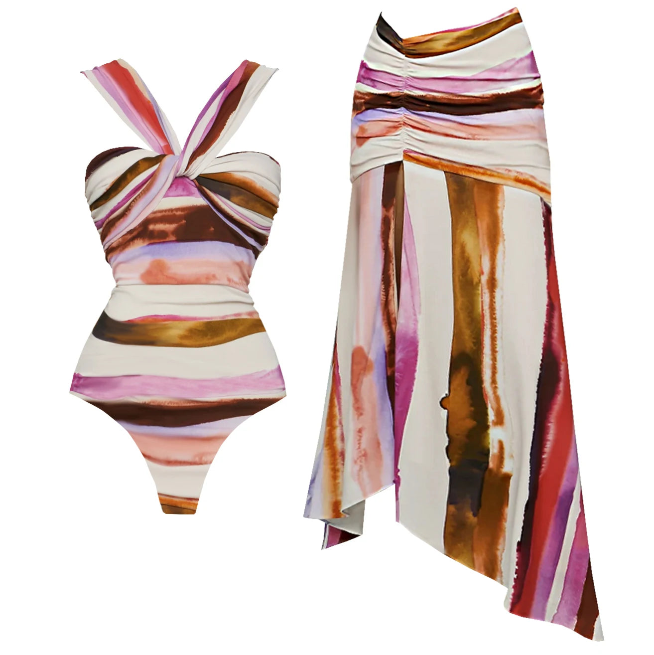 2Pcs Striped Swimsuit With Long Skirt Sexy Women Bikini Push Up Swimwear Halter LADYLYS