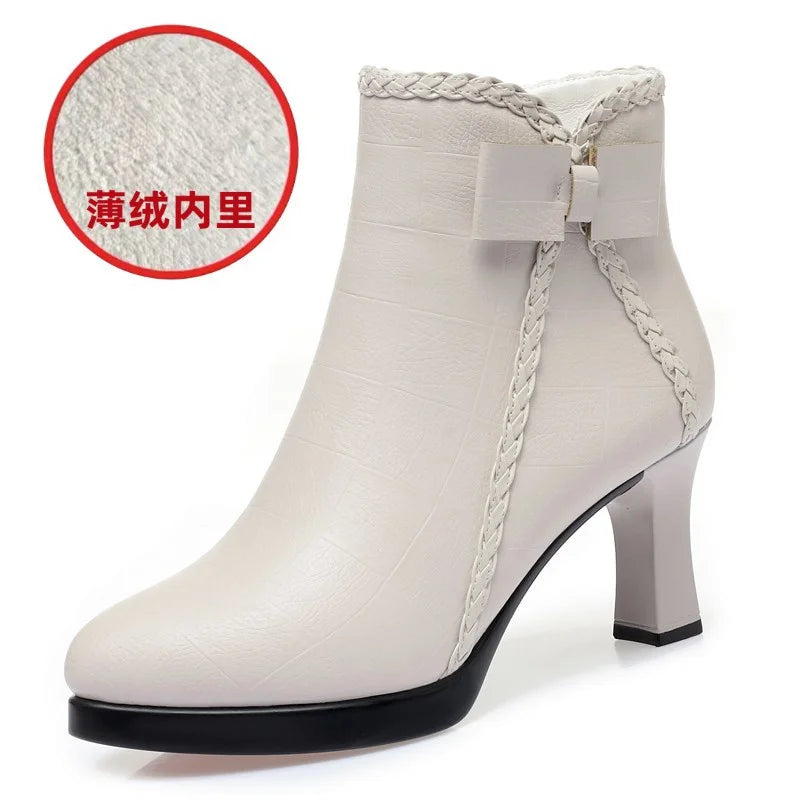 Women's Velvet Stiletto Ankle Boots – Pointed Toe Platform Booties with Bow Detail