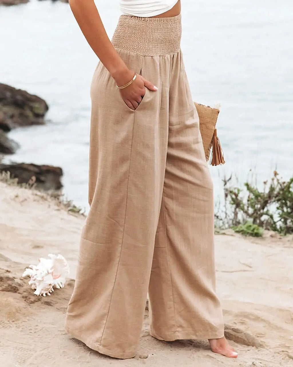 Women's High-Waist Wide Leg Pants — Drawstring Elastic Waist | Casual Beach Trousers | Plus Size