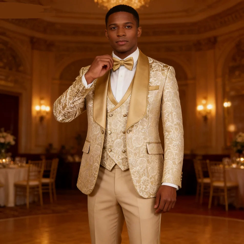 Men’s Champagne Jacquard Three-Piece Wedding Tuxedo