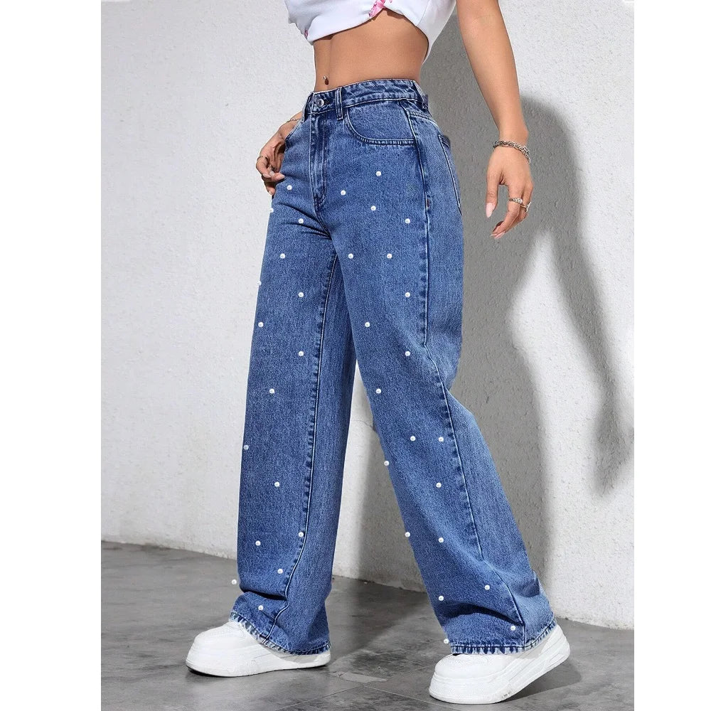 Women's High-Waist Straight-Leg Jeans with Beaded Details