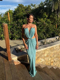 Deep V Cutout Ruched Maxi Gown – Spaghetti Strap Sleeveless Evening Dress