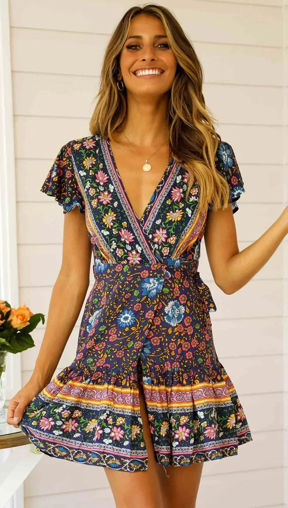 Boho Queens Fashion Women Hippie  Floral Print V-neck Sashes Bohemian Mini Dress LADYLYS
