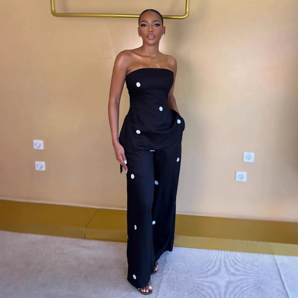 HLJ Women Polka Dot 2 Piece Outfits Elegant Bandeau Tube Top + High Waist Wide Leg Pants Set Summer Casual Streetwear Holidays LADYLYS