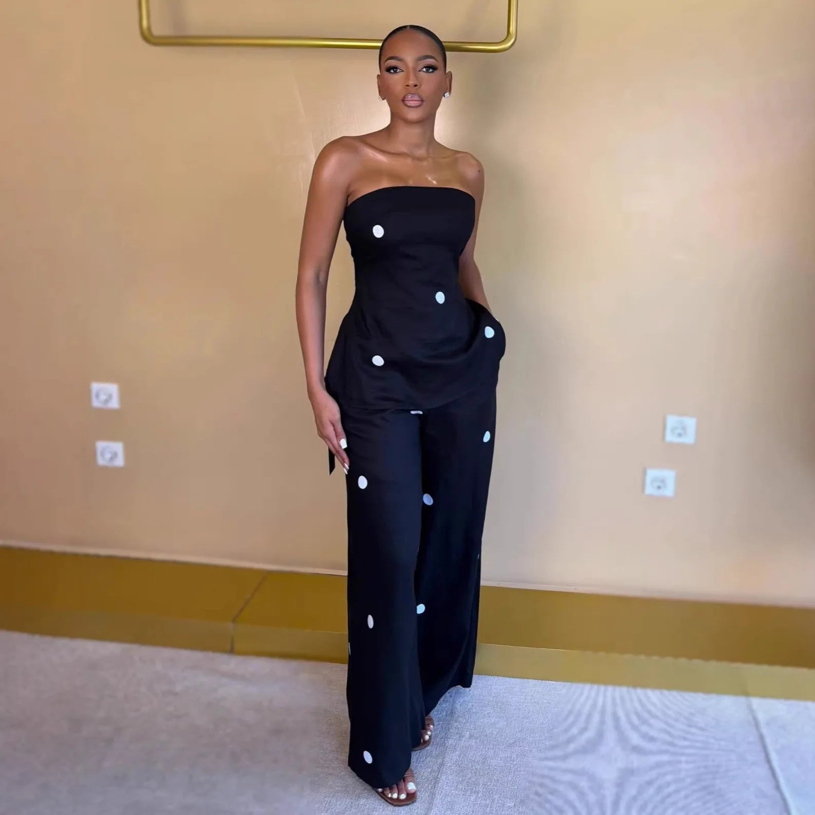 HLJ Women Polka Dot 2 Piece Outfits Elegant Bandeau Tube Top + High Waist Wide Leg Pants Set Summer Casual Streetwear Holidays LADYLYS