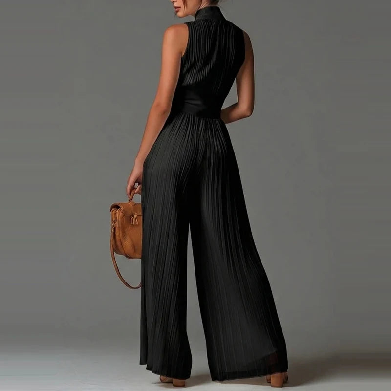 Elegant Lady Zipper Wide Leg Playsuits Stand Collar High Waist Pleat Jumpsuit LADYLYS