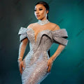 Aso Ebi Luxury Silver Lace Beaded Evening Dresses LADYLYS