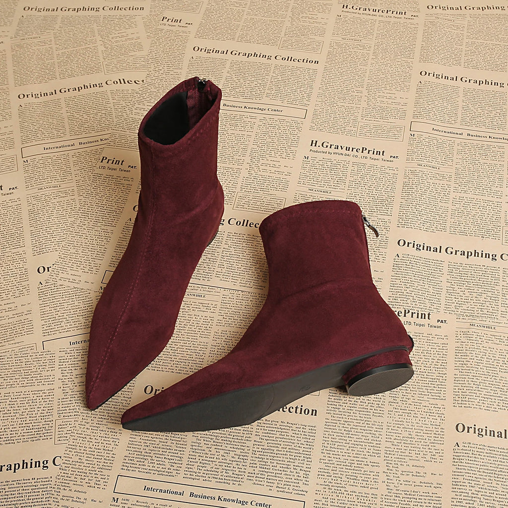 Women's Faux Suede Pointed Toe Mid-Calf Boots – Warm Flannel Lining, Low Heel