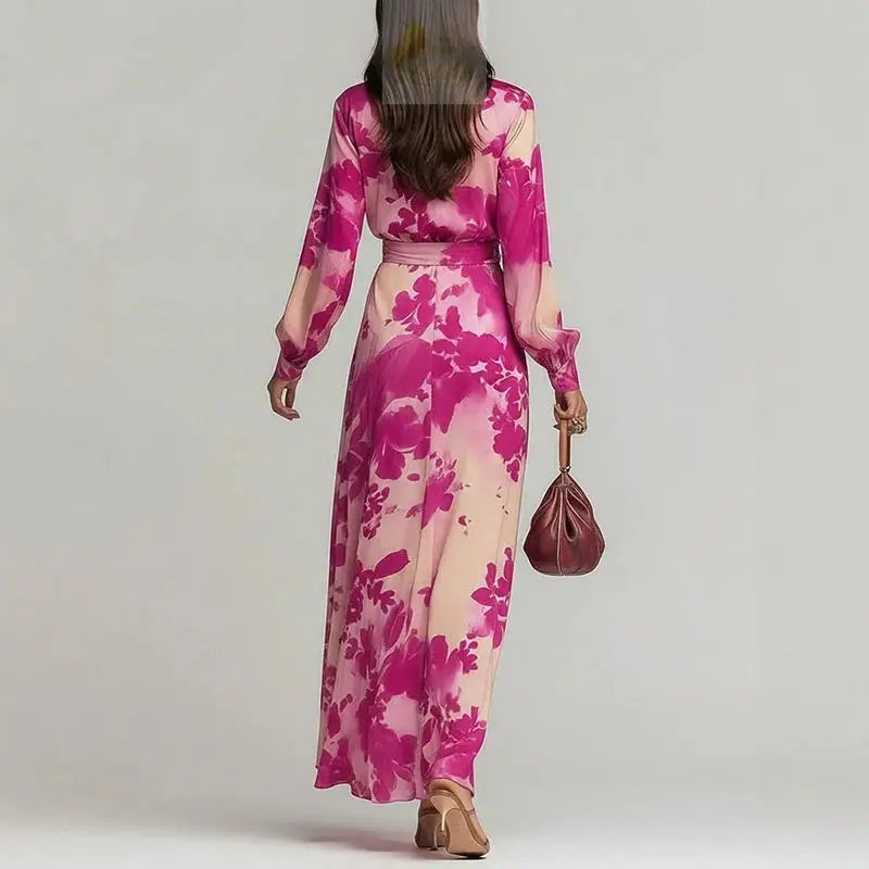 Elegant Party Dresses Woman Chic Floral Print V Neck LADYLYS