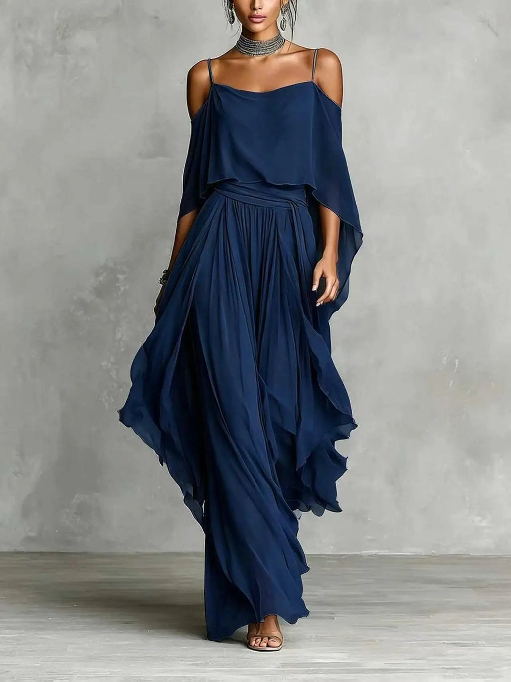 Summer Fashion Solid Chiffon Dress Elegant Off Shoulder Strap Bat Sleeve High Waist Long Dress Women Wedding Guest Outfits LADYLYS