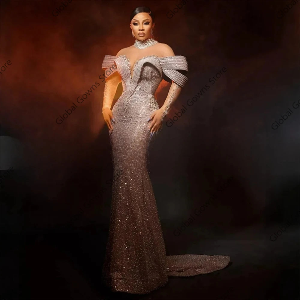 Aso Ebi Luxury Silver Lace Beaded Evening Dresses LADYLYS