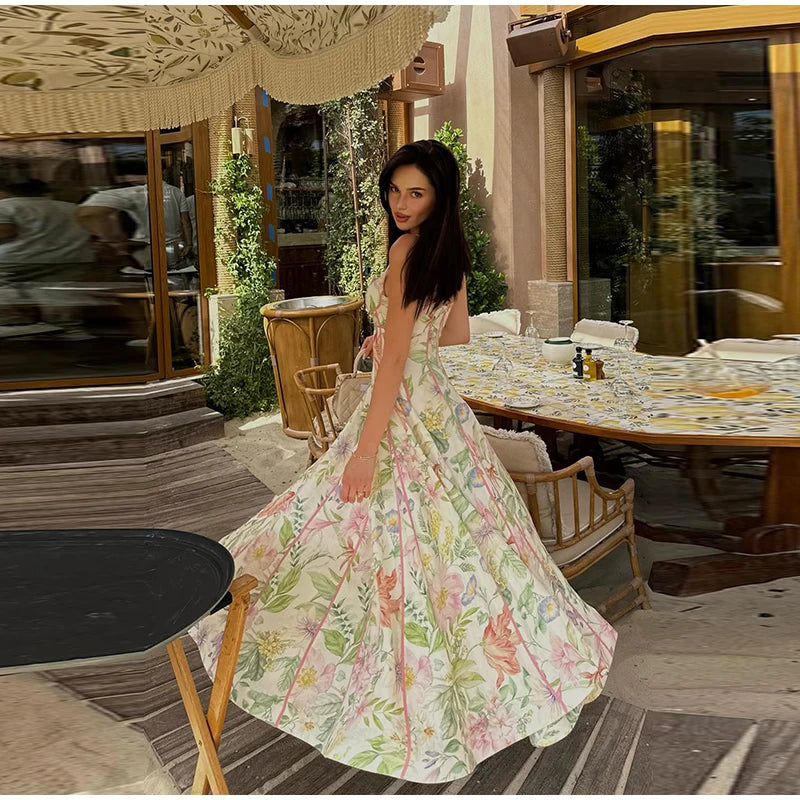 Floral Print Halter Neck Corset Waist Maxi Dress Elegant LADYLYS