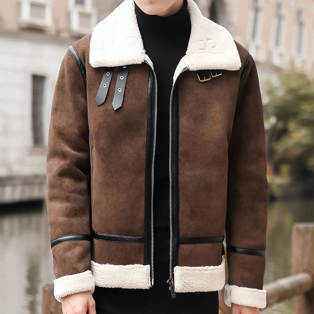 Men's PU Leather Jacket – Faux Fur Collar, Fleece-Lined, Windproof, Korean Slim Fit