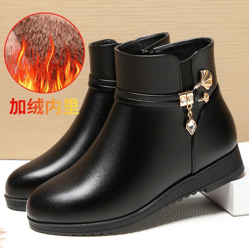 Women's Rhinestone Ankle Boots – Plush-Lined Zip-Up Low Heel Booties