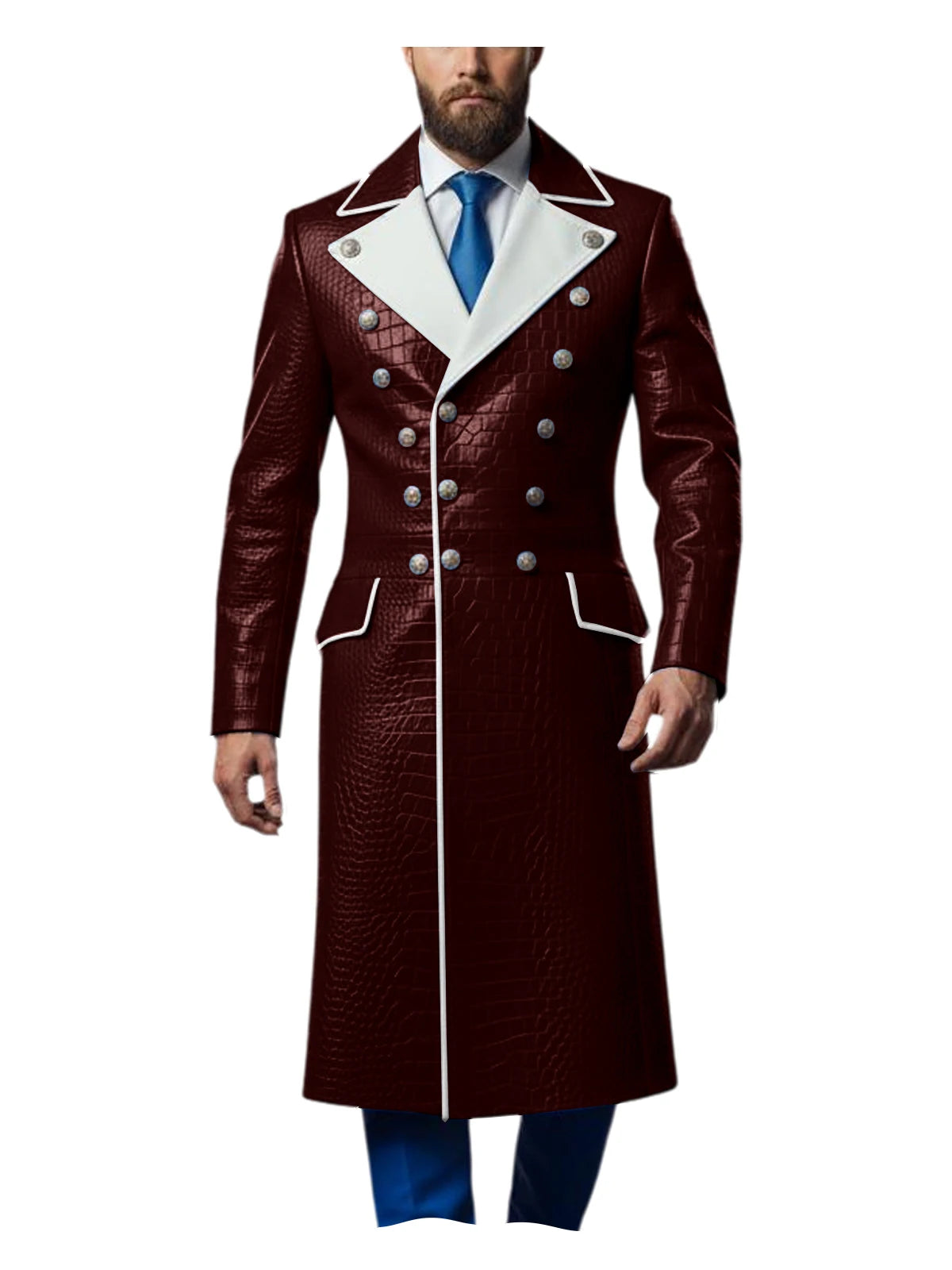 Men's Croc-Embossed Faux Leather Double-Breasted Overcoat with Contrast White Lapels