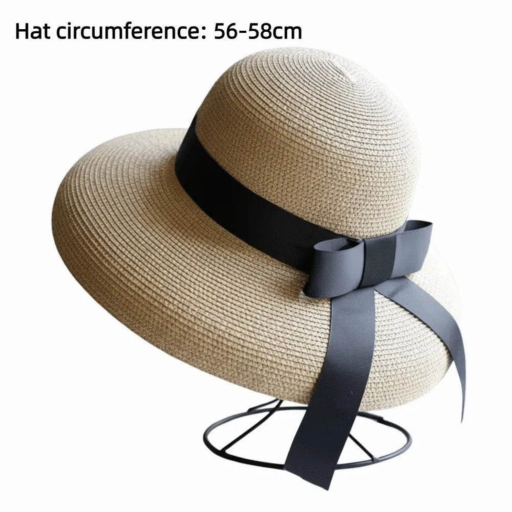 Vintage Breathable Straw Hat Black Ribbon Large Brim Sunshade Hat UV Protection Sun Hat Women LADYLYS