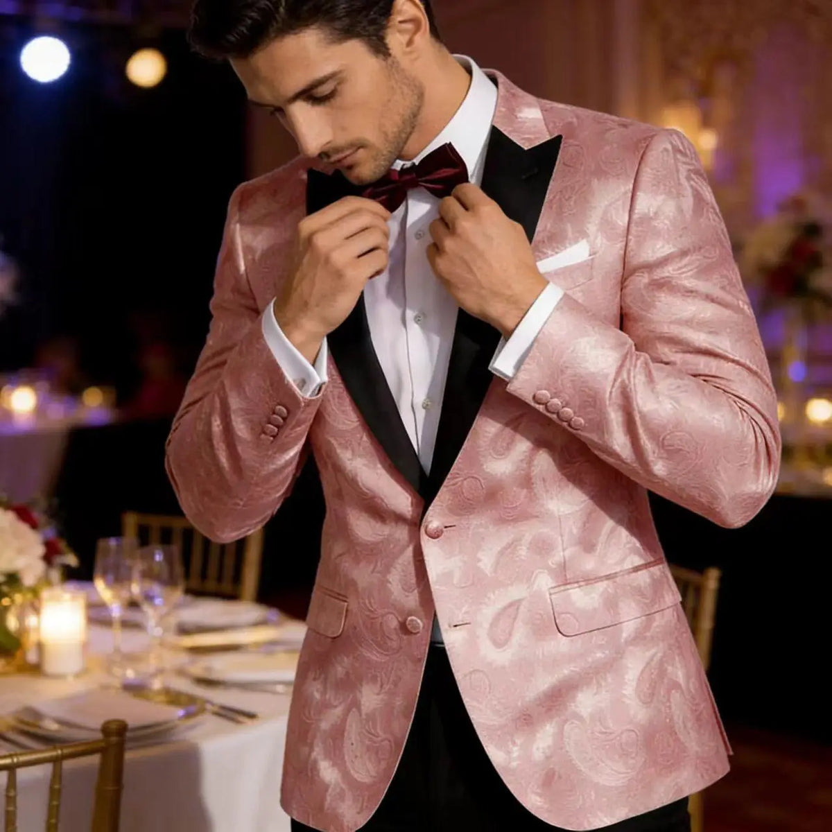 Men’s Pink Paisley Tuxedo Blazer with Black Satin Lapel