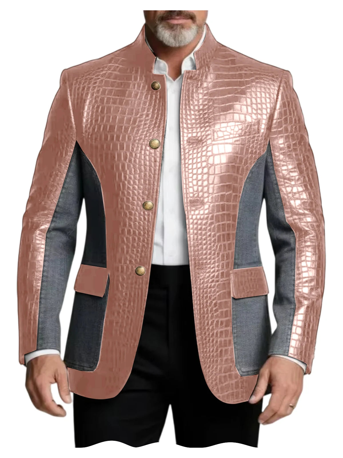 Men's Crocodile Embossed Leather Brown Jacket Patchwork Denim Luxury PU LADYLYS
