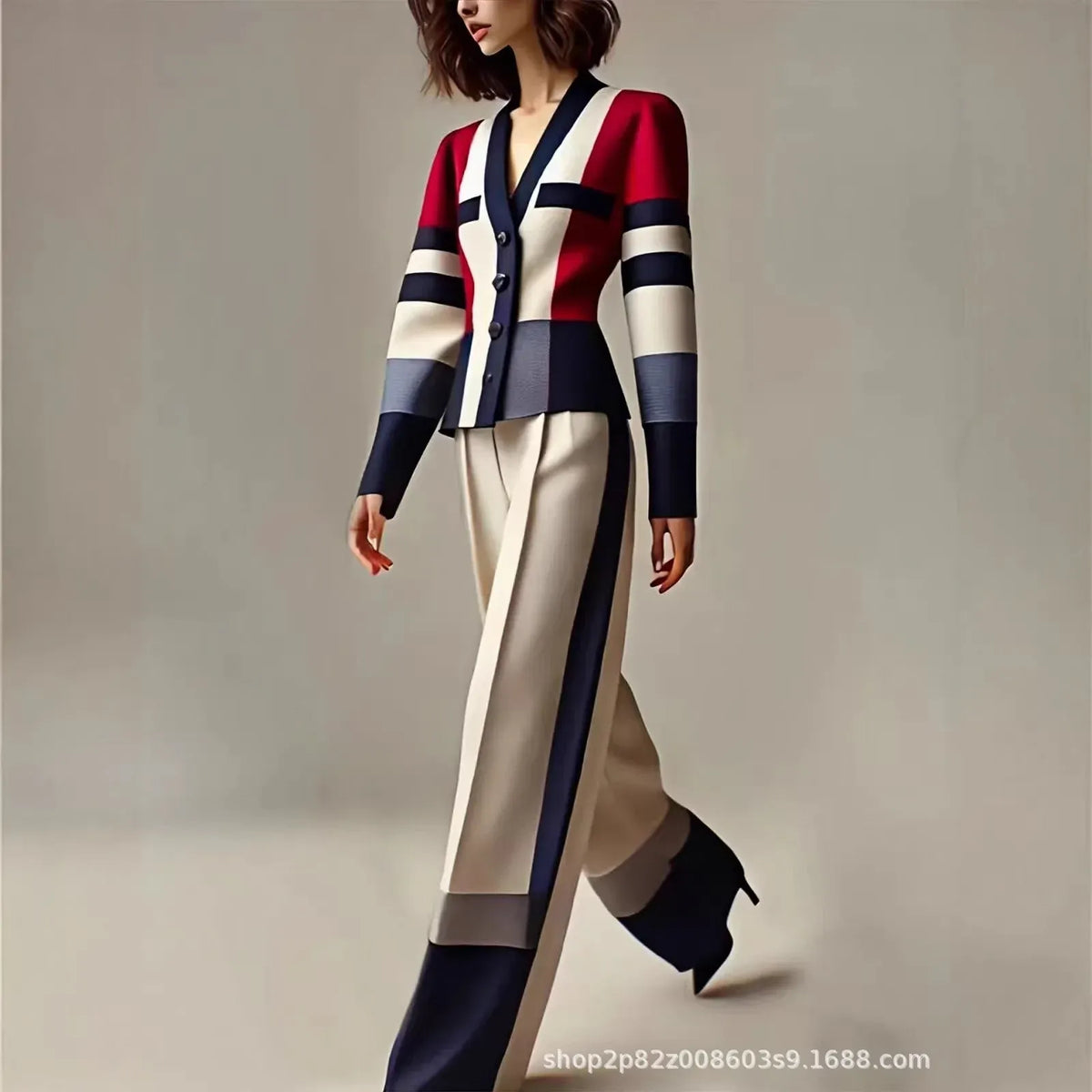 Women's Red Colour-Block Blazer & Trousers Set